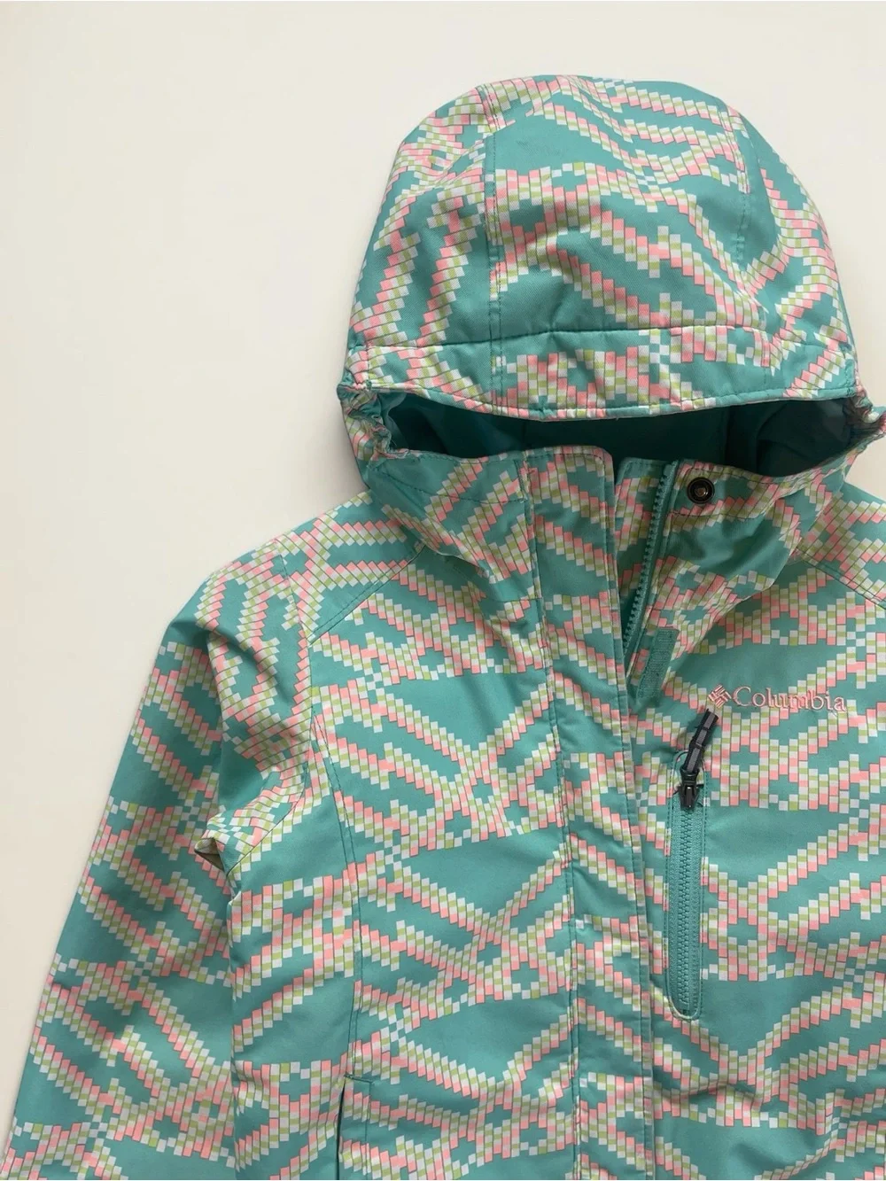 COLUMBIA VGUC Mint Blush Pink Geometric Print Omni-Tech Hooded Winter Jacket